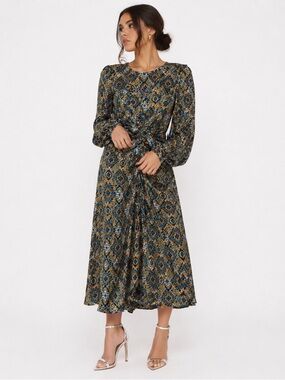 One Fine Day Midi Dress Sage Green Blue Floral Tile Print Size 6 boho festival